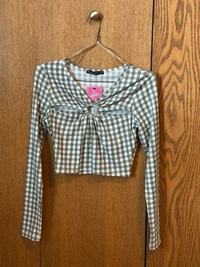 Blue Blush Olive Gingham Tie-Ring Crop Top